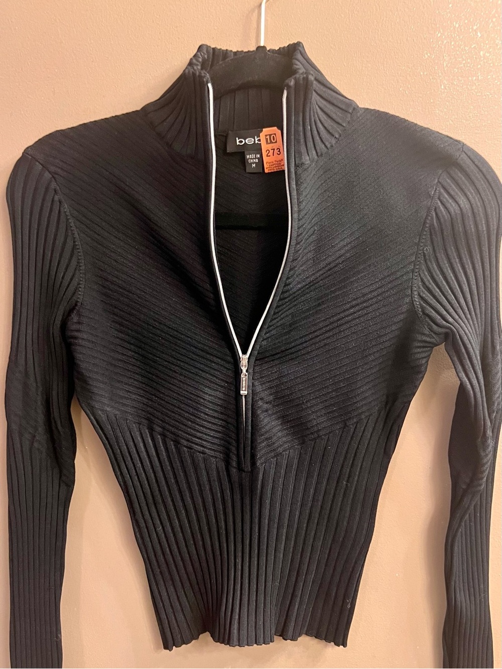 bebe Black Ribbed Half-Zip Mock Neck Top